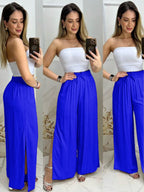 Calça Pantalona Feminina com Fenda e Cintura com Cordão - Casual e Forrada