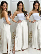 Calça Pantalona Feminina com Fenda e Cintura com Cordão - Casual e Forrada