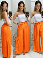 Calça Pantalona Feminina com Fenda e Cintura com Cordão - Casual e Forrada