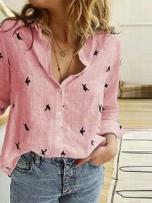 Camisa De Linho Feminina com Botões - Rosa-estampada-XXG - HumArraso