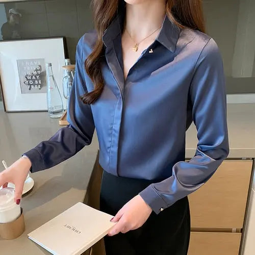Camisa Feminina Social de Seda de Cetim AzulXG HumArraso