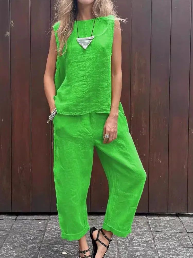 Conjunto de Algodão e Linho com Blusa Sem Mangas - Larissa
