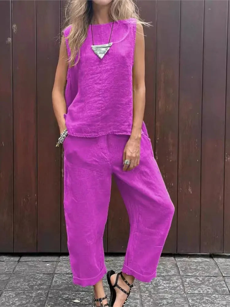 Conjunto de Algodão e Linho com Blusa Sem Mangas - Larissa