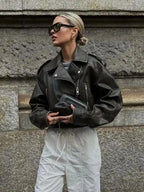 Jaqueta Feminina em Couro P.U com Cinto Moda Primavera -  - HumArraso