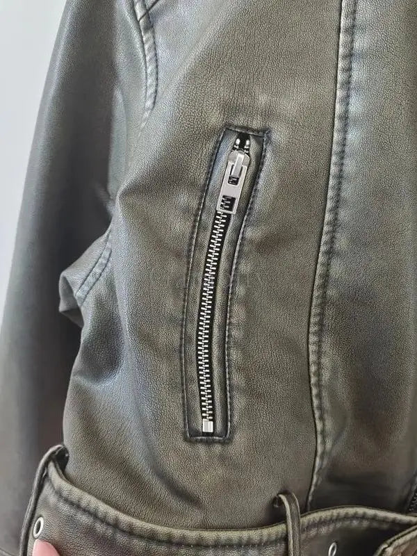 Jaqueta Feminina em Couro P.U com Cinto Moda Primavera -  - HumArraso