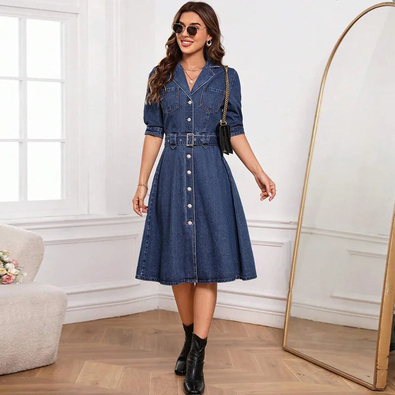 Vestido Midi Jeans com Manga Curta