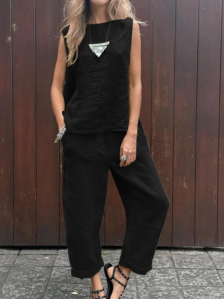 Conjunto de Algodão e Linho com Blusa Sem Mangas - Larissa