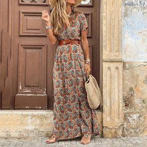 Vestido Longo Estampado com Cinto