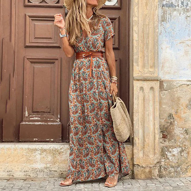 Vestido Longo Estampado com Cinto