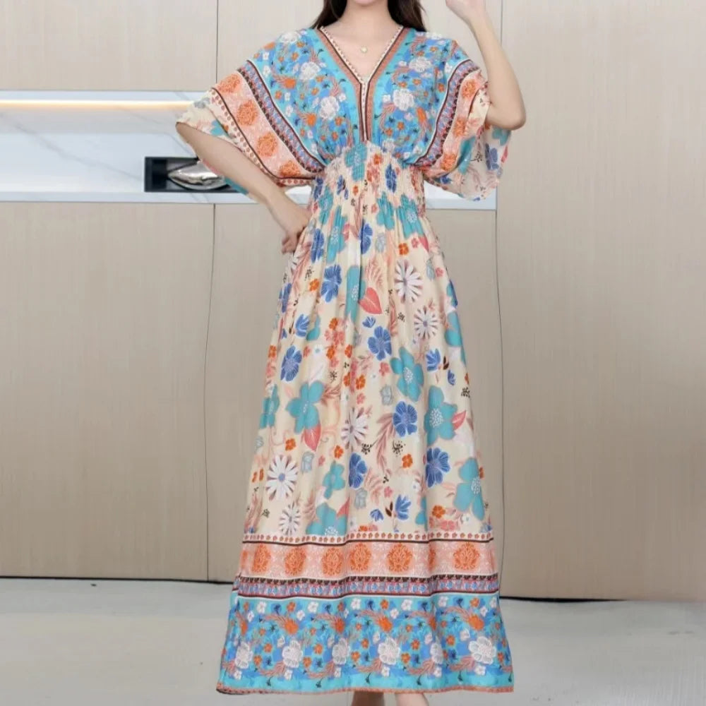 Vestido Longo Boho Estampado Decote V Dulcineia