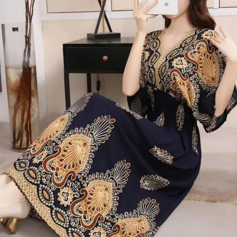 Vestido Longo Boho Estampado Decote V Dulcineia