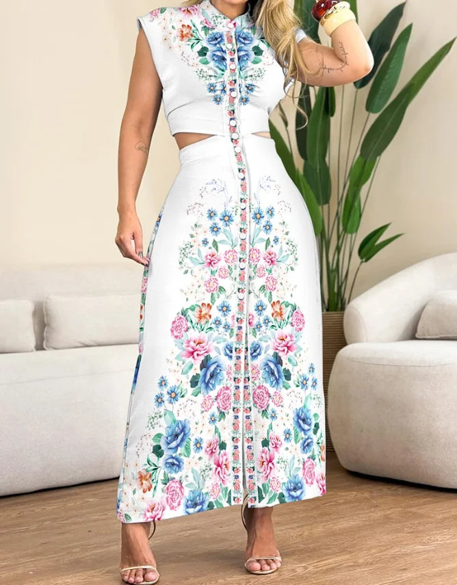 Vestido Longo com Estampa de Flores e Gola Alta