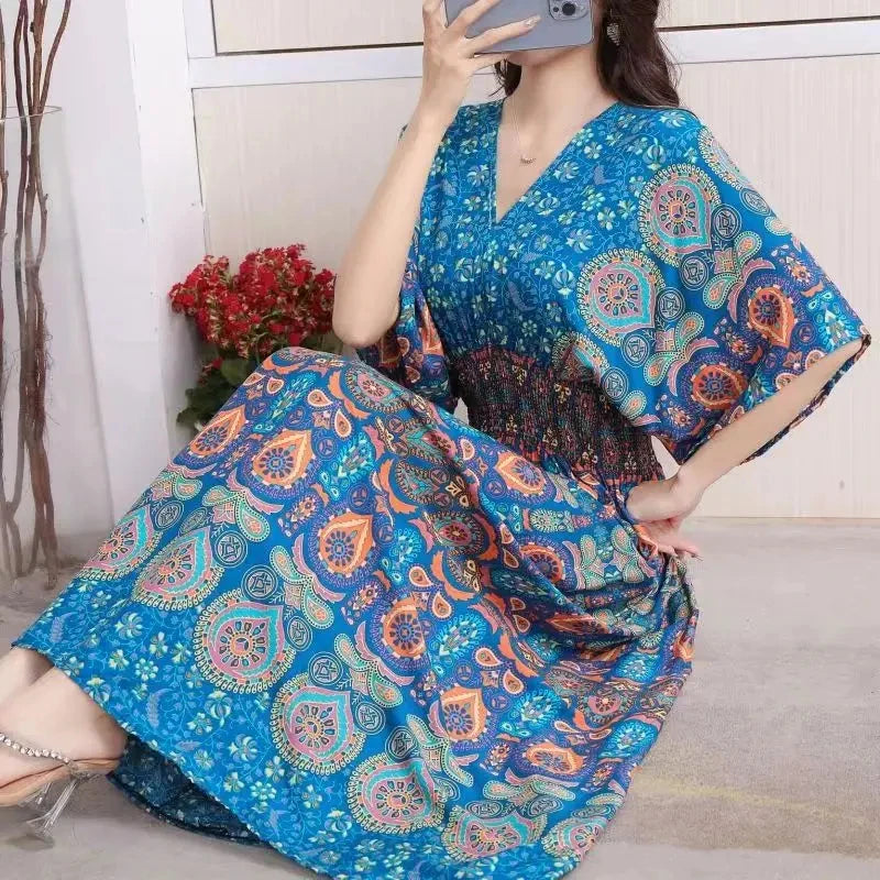 Vestido Longo Boho Estampado Decote V Dulcineia