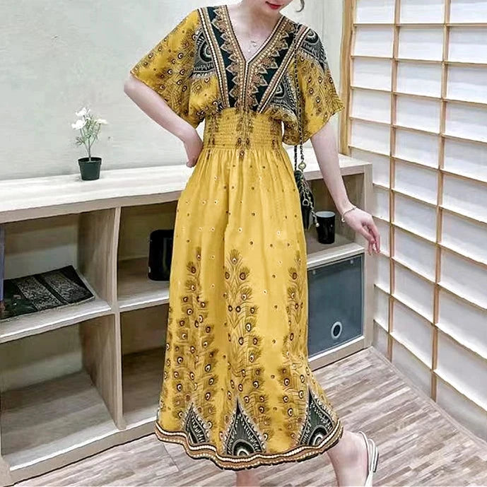 Vestido Longo Boho Estampado Decote V Dulcineia