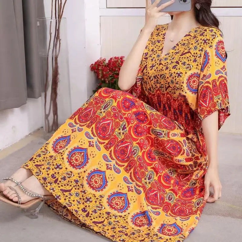 Vestido Longo Boho Estampado Decote V Dulcineia