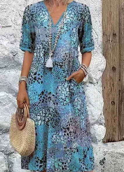 Vestido Midi Estampado com Renda Decote V Valquíria