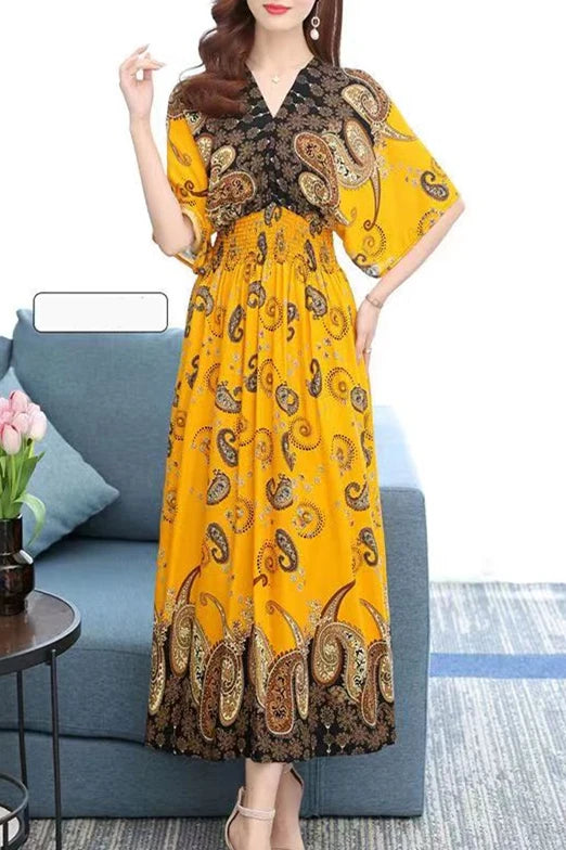Vestido Longo Boho Estampado Decote V Dulcineia