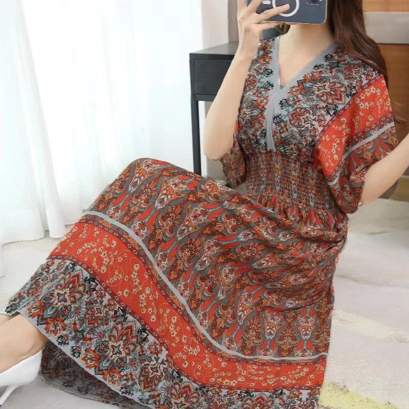 Vestido Longo Boho Estampado Decote V Dulcineia