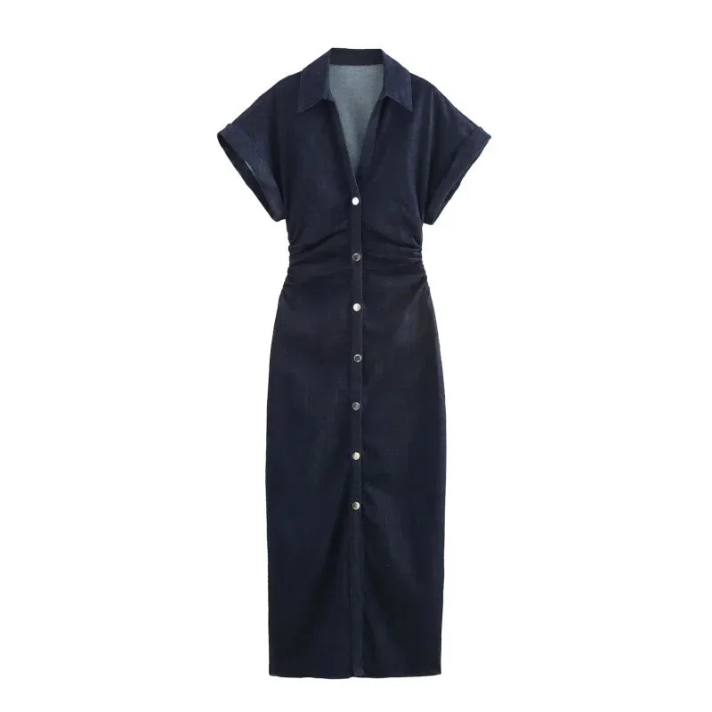 Vestido Longo com Botão e Zíper de Lado