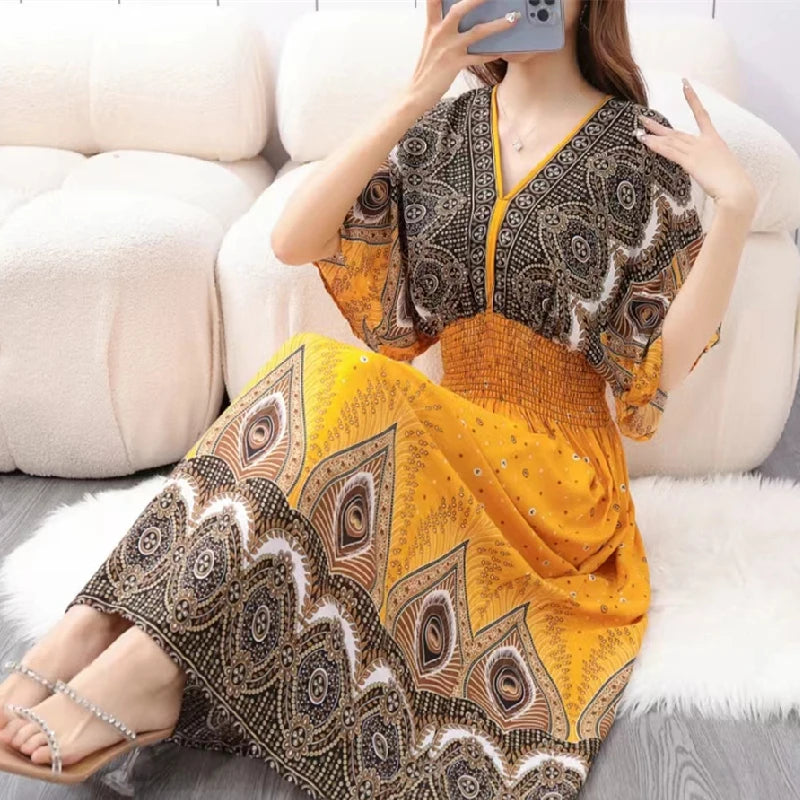 Vestido Longo Boho Estampado Decote V Dulcineia