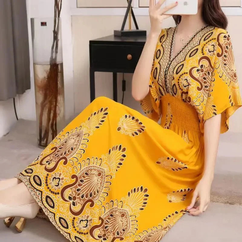 Vestido Longo Boho Estampado Decote V Dulcineia