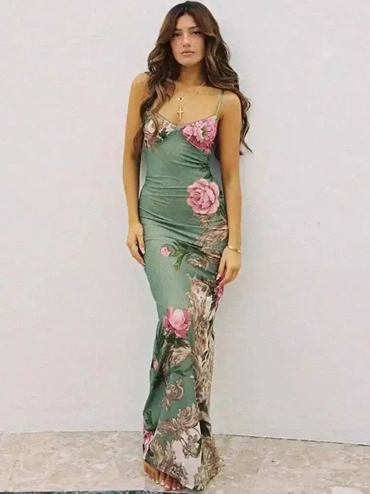 Vestido Longo Estampado com Alça Espaguete Eliane