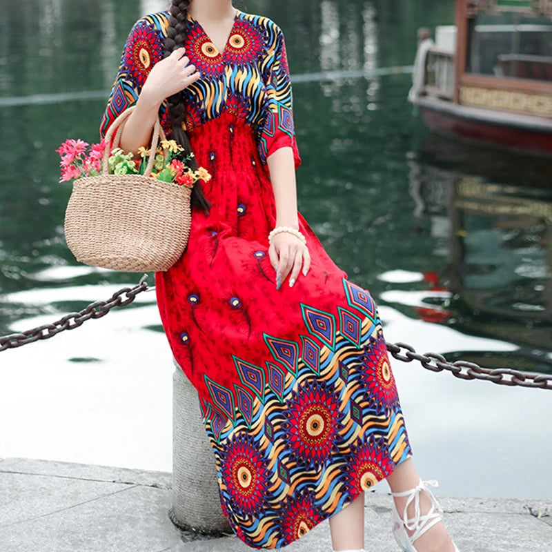 Vestido Longo Boho Estampado Decote V Dulcineia