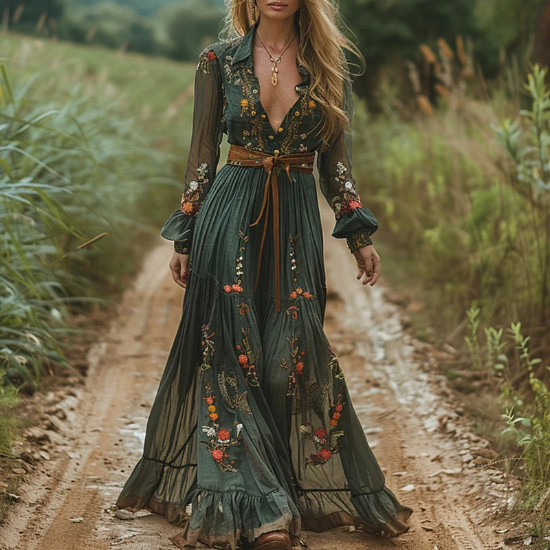 Vestido Longo Estampado com Botões