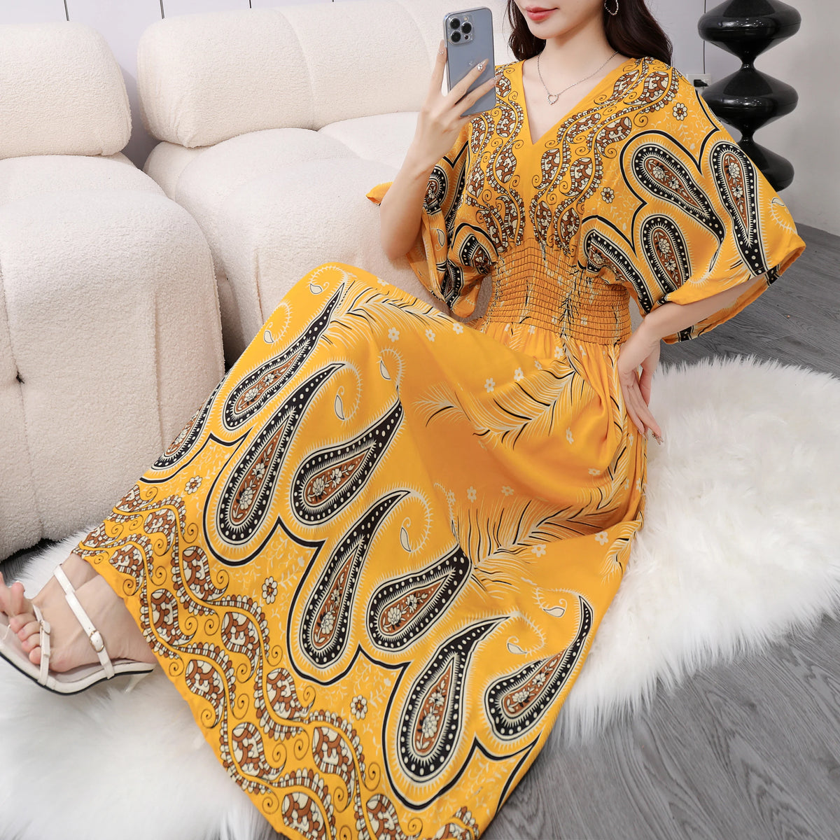 Vestido Longo Boho Estampado Decote V Dulcineia