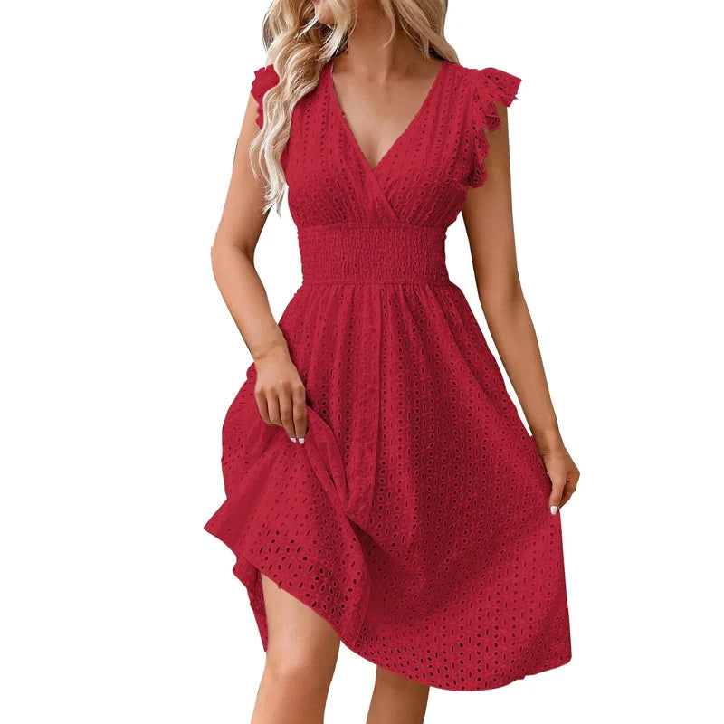 Vestido Midi de Renda com Decote em V