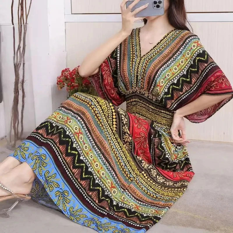 Vestido Longo Boho Estampado Decote V Dulcineia