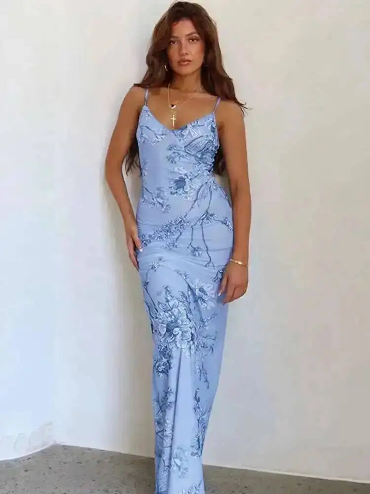 Vestido Longo Estampado com Alça Espaguete Eliane