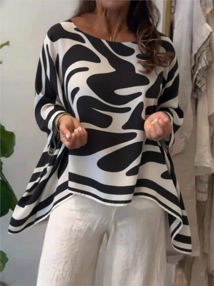 Blusa Feminina Casual Folgada de Chiffon Estampado