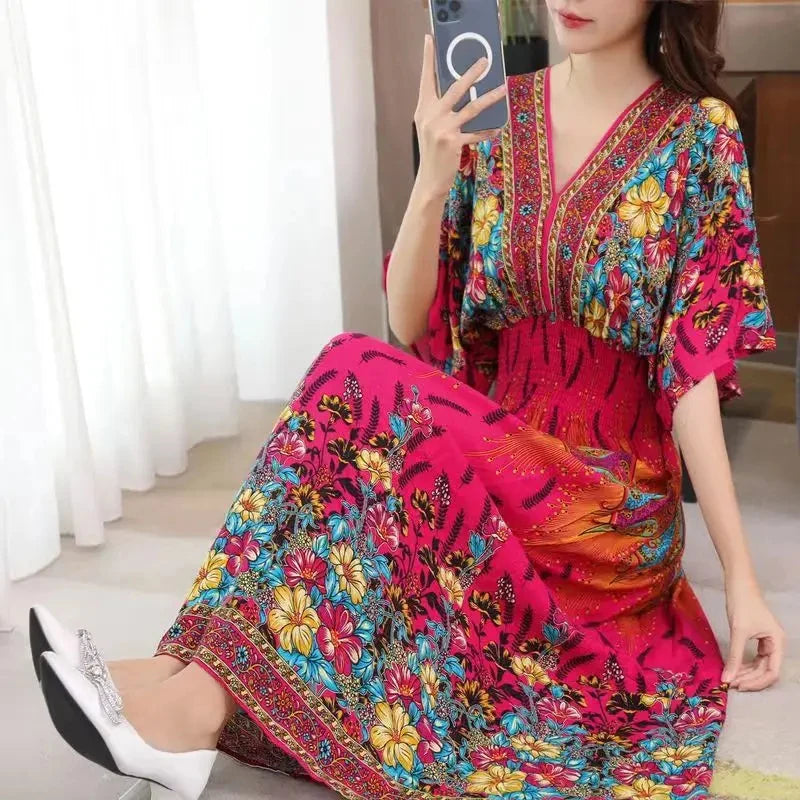Vestido Longo Boho Estampado Decote V Dulcineia