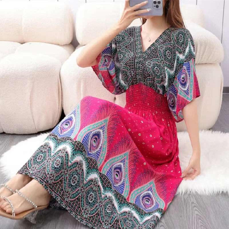 Vestido Longo Boho Estampado Decote V Dulcineia