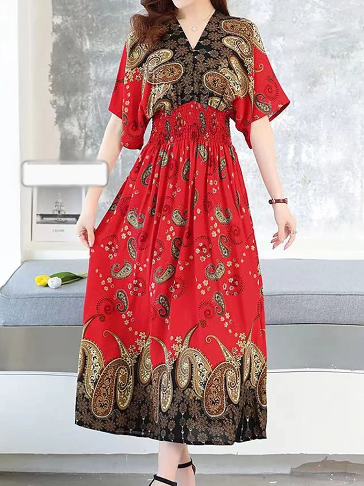 Vestido Longo Boho Estampado Decote V Dulcineia