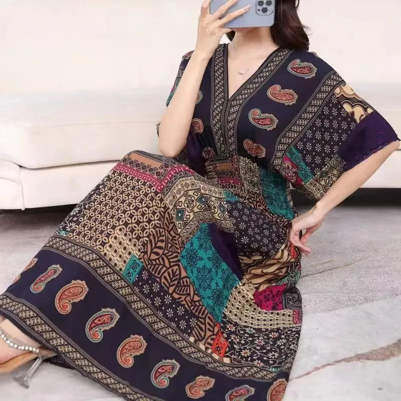 Vestido Longo Boho Estampado Decote V Dulcineia