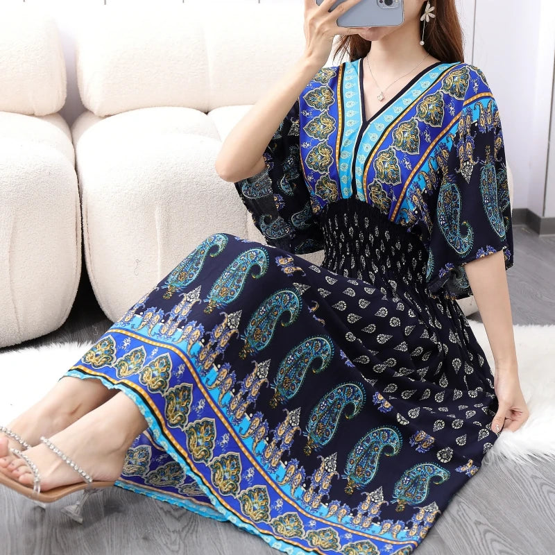 Vestido Longo Boho Estampado Decote V Dulcineia