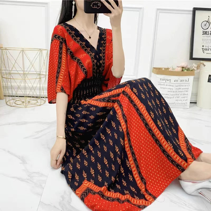Vestido Longo Boho Estampado Decote V Dulcineia