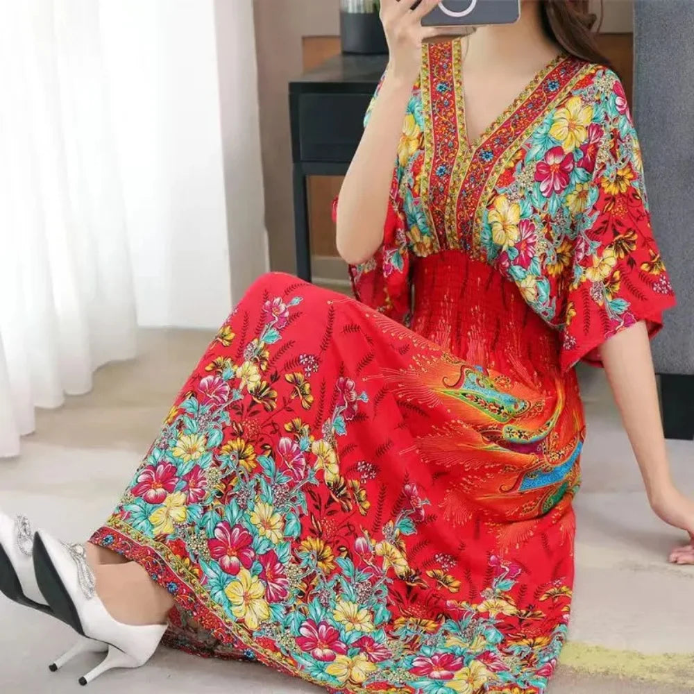 Vestido Longo Boho Estampado Decote V Dulcineia