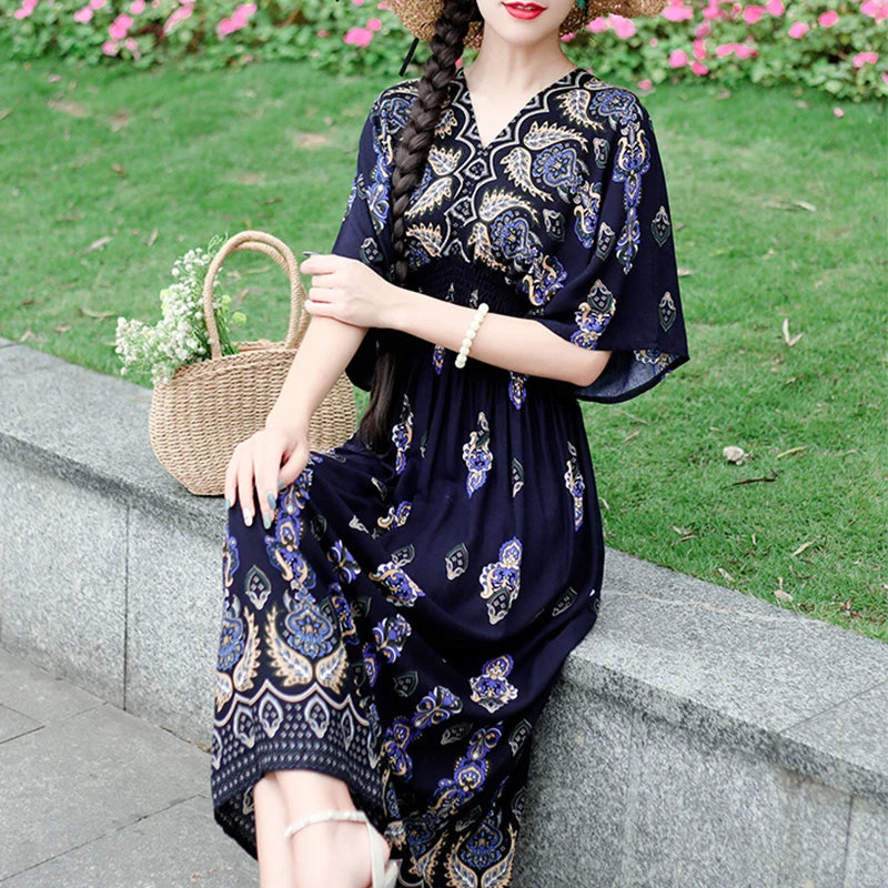 Vestido Longo Boho Estampado Decote V Dulcineia