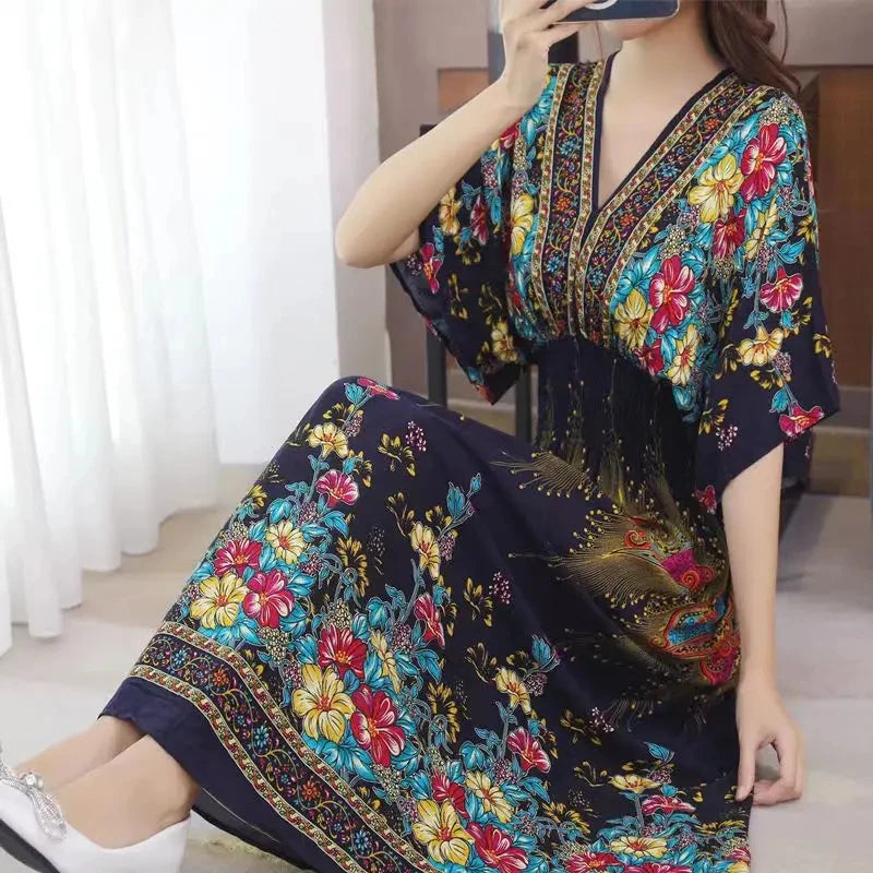 Vestido Longo Boho Estampado Decote V Dulcineia