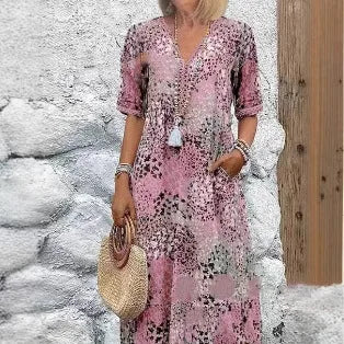 Vestido Midi Estampado com Renda Decote V Valquíria