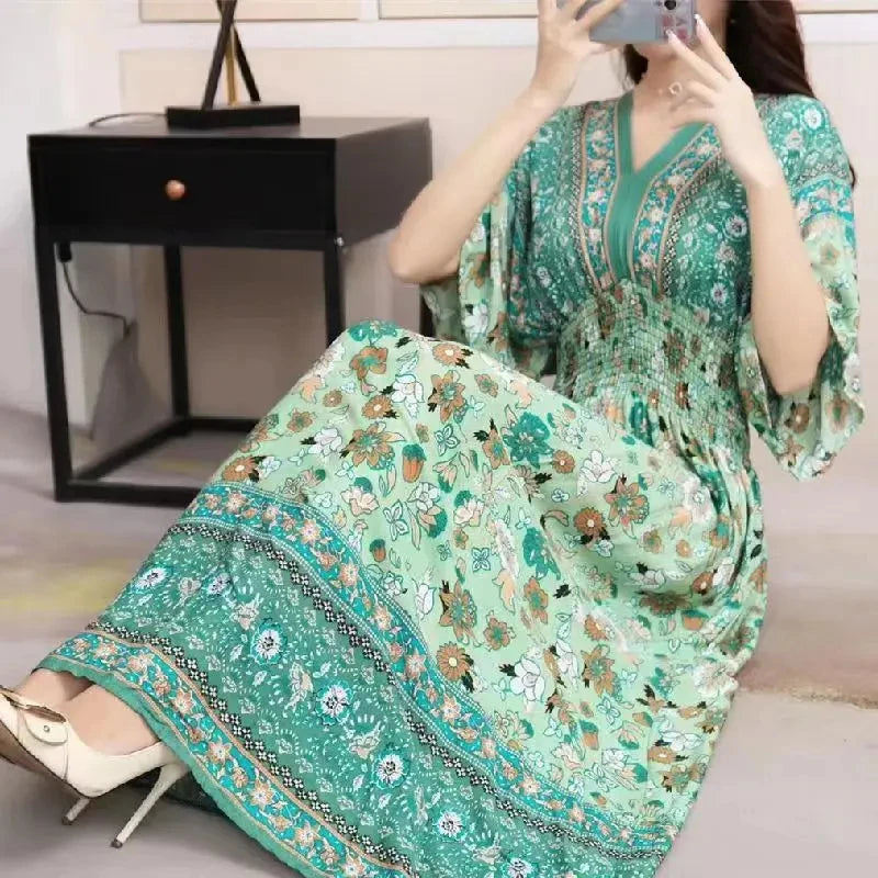 Vestido Longo Boho Estampado Decote V Dulcineia