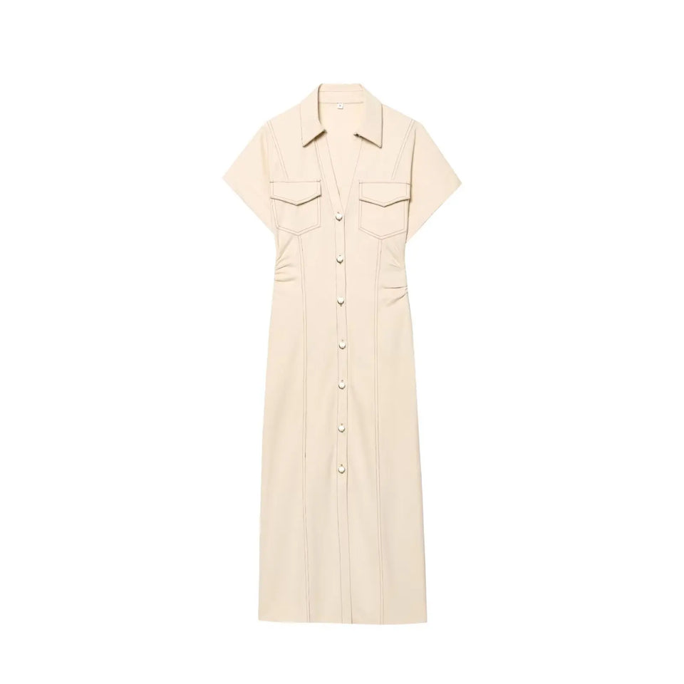 Vestido Longo com Botão e Gola Polo