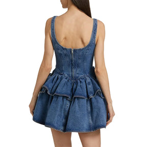Vestido Curto em Jeans com Flores 3d