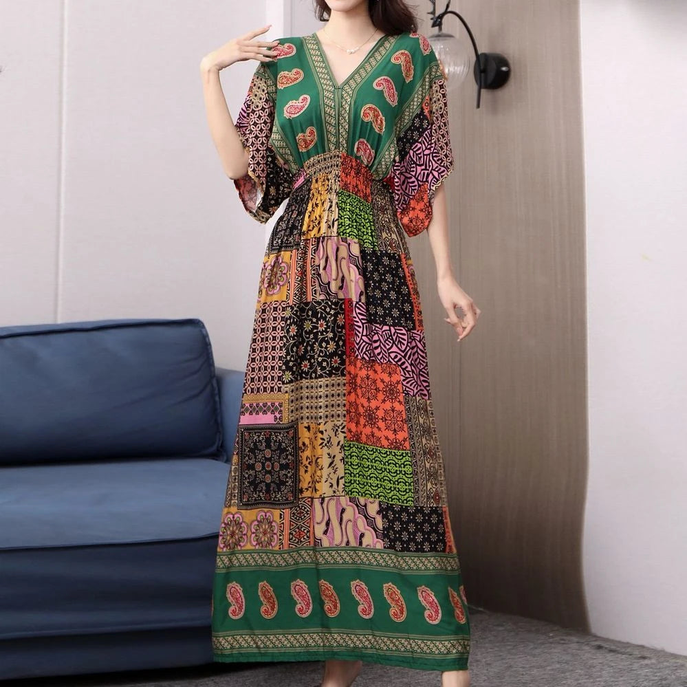 Vestido Longo Boho Estampado Decote V Dulcineia