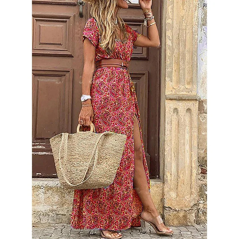 Vestido Longo Estampado com Cinto