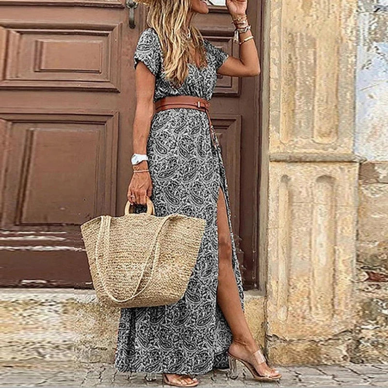 Vestido Longo Estampado com Cinto
