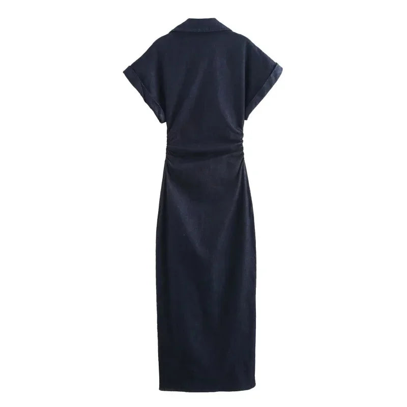 Vestido Longo com Botão e Zíper de Lado